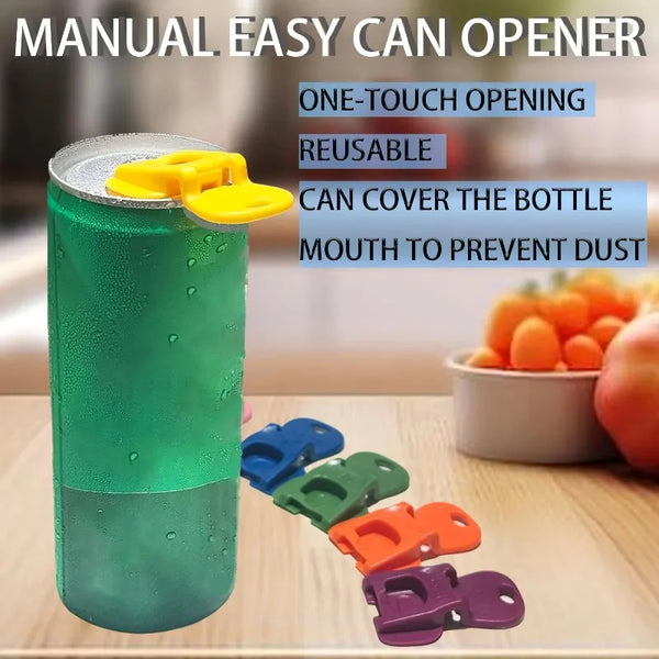 Ein Set manueller, einfacher Dosenöffner mit gelben und farbigen Abdeckungen neben einer grünen isolierten Dose.