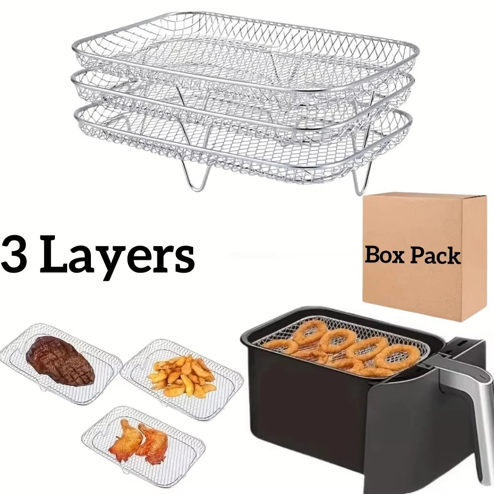 Stackable stainless steel grill racks in a box pack showing three layers and a black container.