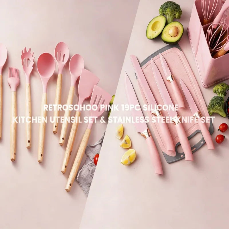 A pink and silver 19-piece silicone and stainless steel kitchen utensil set displayed on a light pink background.