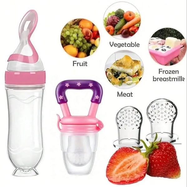 Silikon-Baby-Flaschenset mit Saugerflasche, Obst-, Gemüse- und Fleischproben.