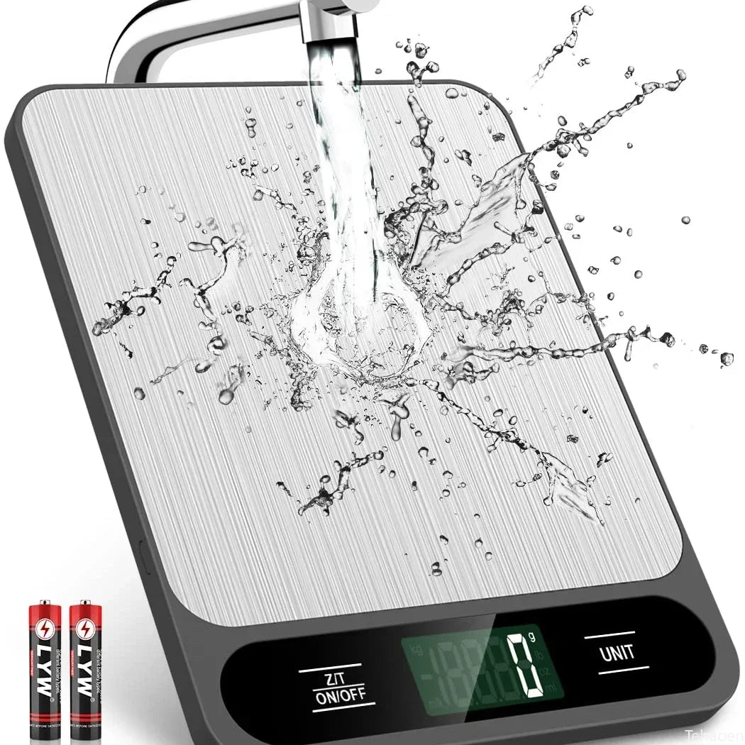 A precision digital kitchen scale is shown with water splashing onto the weighing platform.