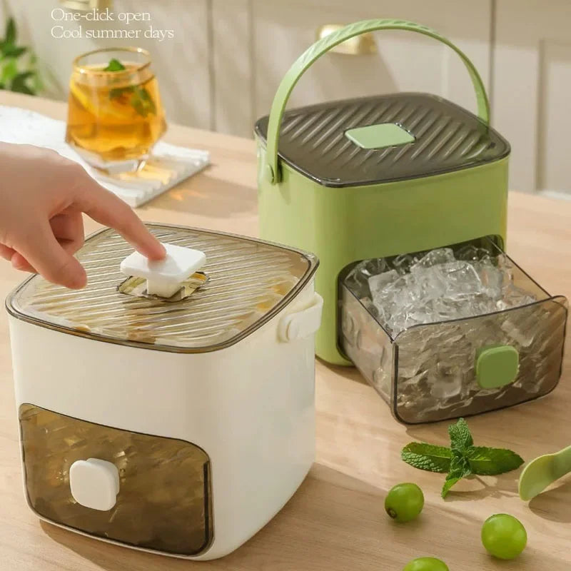 A set of reusable grid ice cube molds in white and green are shown with ice cubes on a wooden surface.