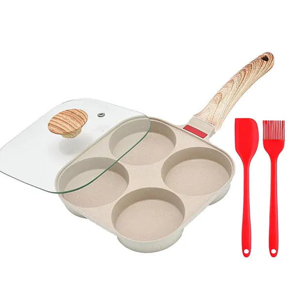A white nonstick omelette pan with a lid and wooden handle, featuring multiple compartments.