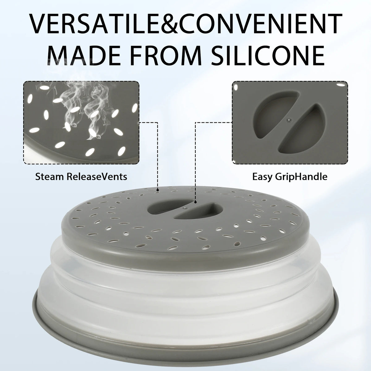 A gray silicone collapsible microwave plate cover featuring steam release vents and an easy grip handle.
