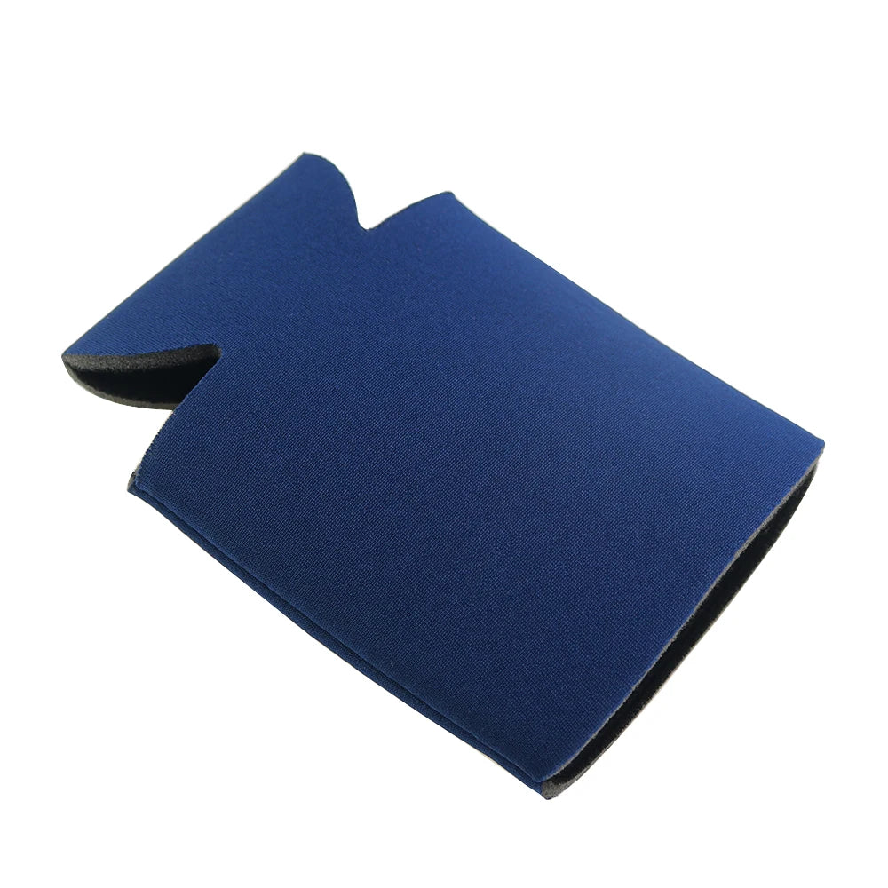 A dark blue neoprene drink sleeve designed for reusable bottles and cans.