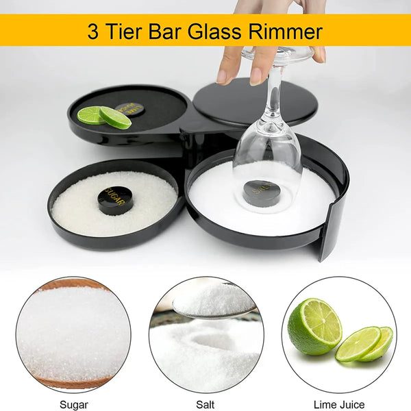 Schwarzes 3-teiliges Bar-Glas-Set, das Zutaten wie Zucker, Salz und Limettensaft zeigt.