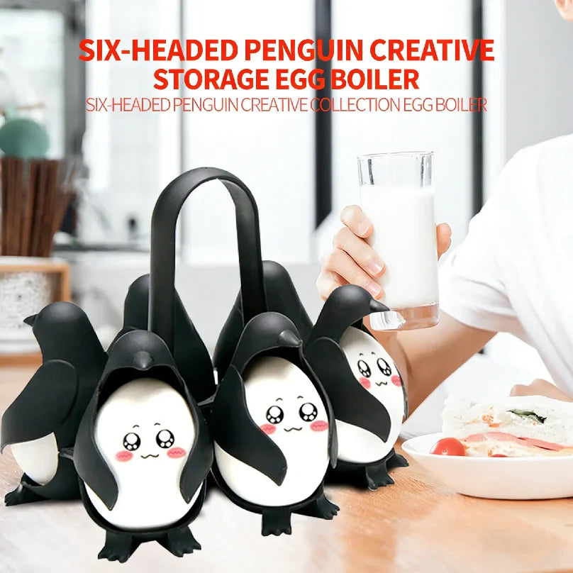 Six-headed penguin creative storage egg boiler with white and black design shown on a wooden table.