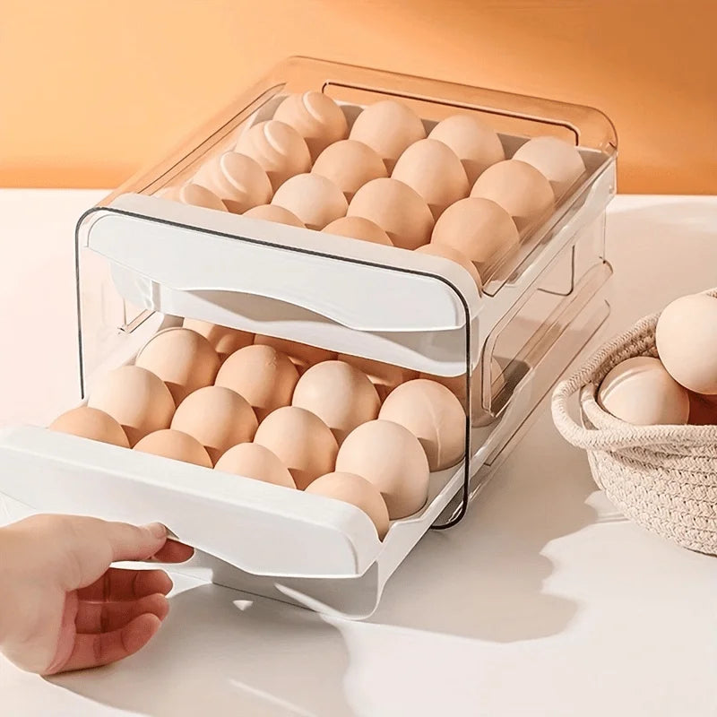 A clear plastic drawer filled with brown eggs is being held by a hand.