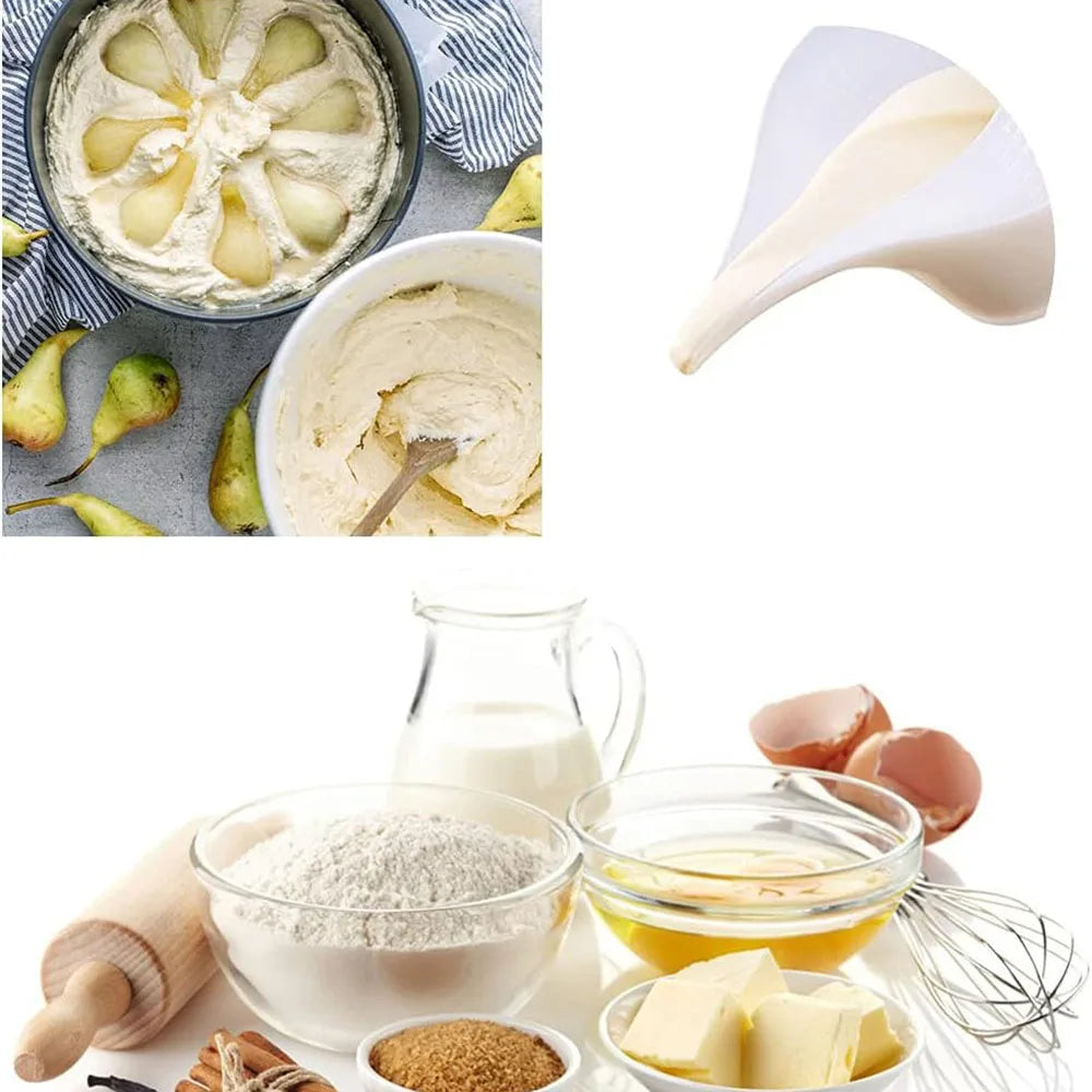 A collection of baking ingredients including butter, flour, and liquids shown with a measuring funnel pitcher.