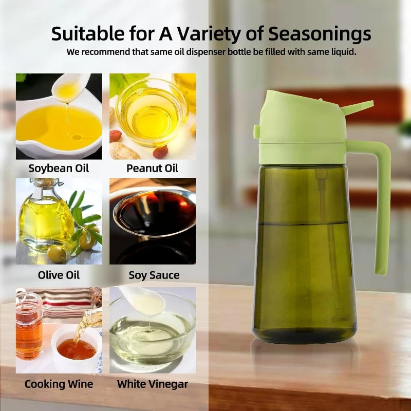 A green glass oil dispenser bottle with a handle, shown next to various cooking liquids like olive oil and vinegar.