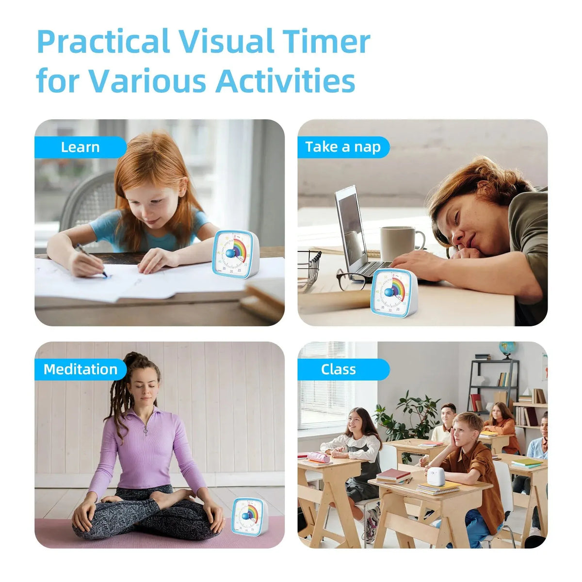 A collection of visual timers used for learning, napping, meditation, and classroom activities.