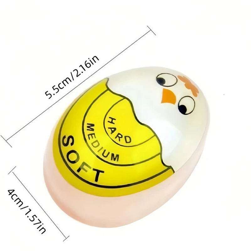A plastic boiled egg timer showing hardness levels: hard, medium, and soft.