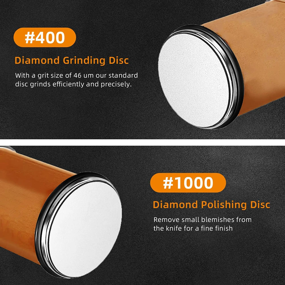 Two diamond grinding and polishing discs are shown on a brown roller for knife sharpening.
