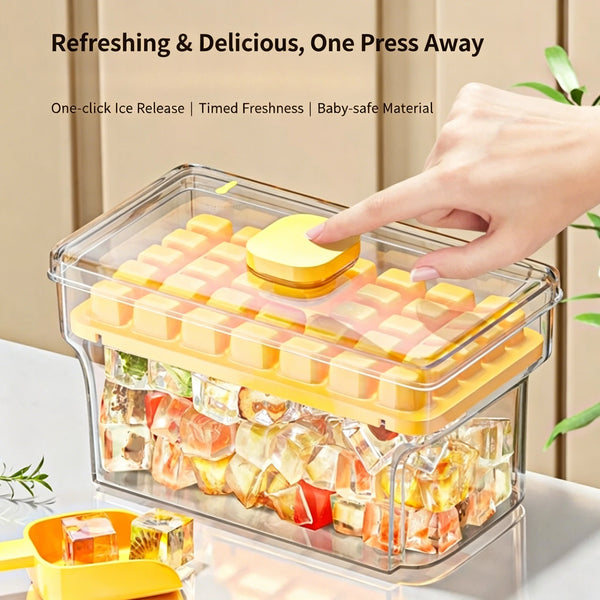 A hand is pressing a yellow release mechanism on an ice cube tray inside a clear storage box filled with colorful ice cubes.