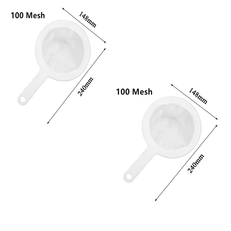 A white multi-mesh fine strainer with a handle, shown from the side.