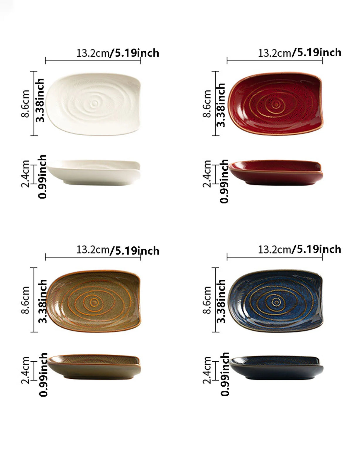 A set of vintage ceramic cutlery holders in white, red, brown, and blue colors shown with dimensions.
