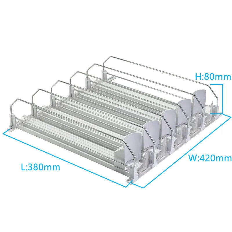 Silver spring-loaded organizer rack designed to hold cans and bottles in a refrigerator or pantry