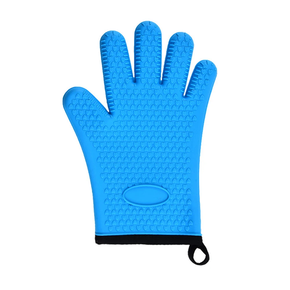 A bright blue silicone oven glove with a textured surface and a black cuff.