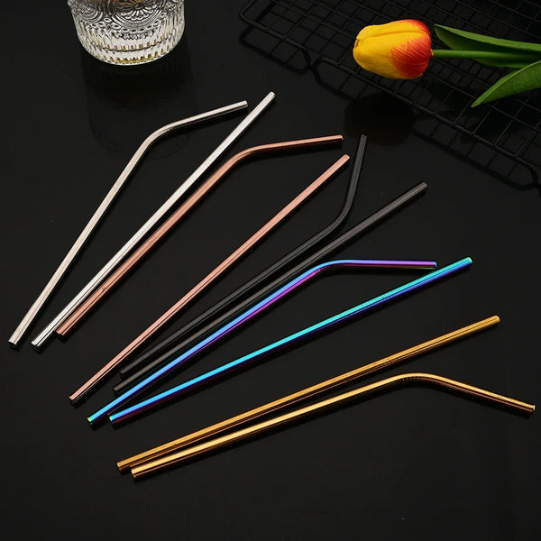 A set of six reusable stainless steel drinking straws in various colors, including gold, silver, black, and blue.