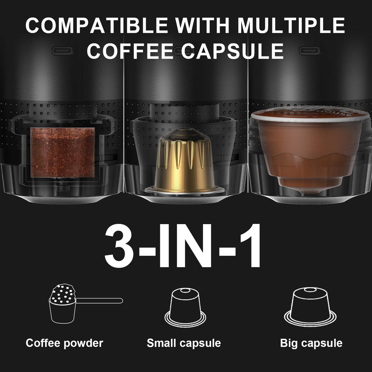 A portable electric espresso coffee maker showing compatibility with multiple coffee capsules including powder, small, and bi