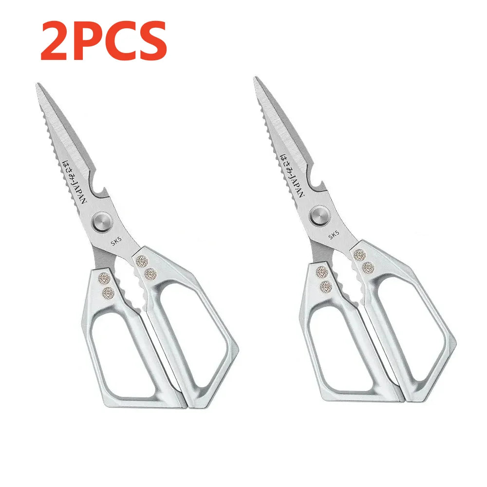 Two pairs of professional stainless steel kitchen shears for meat and bone cutting