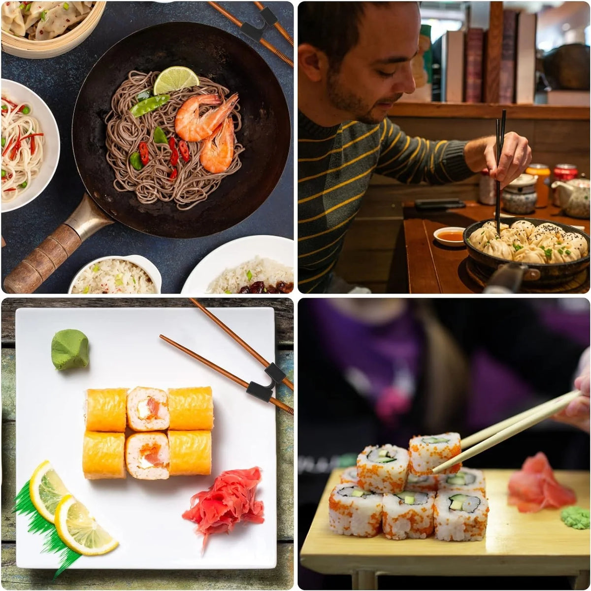 A close-up of various food items including stir-fried noodles, shrimp, rice, sushi rolls, and sashimi on plates.