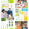 A collection of colorful plastic fruit and cake cutting tools for children, including knives, graters, and cutters.