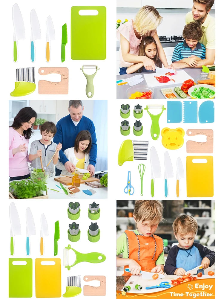 A collection of colorful plastic fruit and cake cutting tools for children, including knives, graters, and cutters.