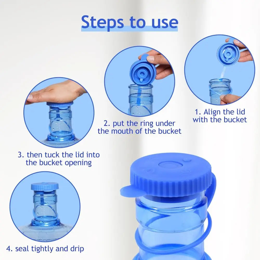 Steps to use a reusable silicone water jug lid showing how to align, tuck, and seal the lid onto the jug.