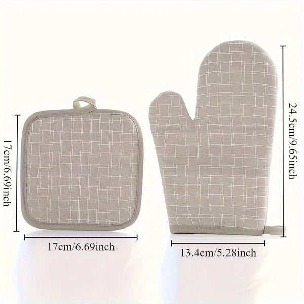 A pair of beige heat-resistant oven gloves and pot holder set shown flat and upright.