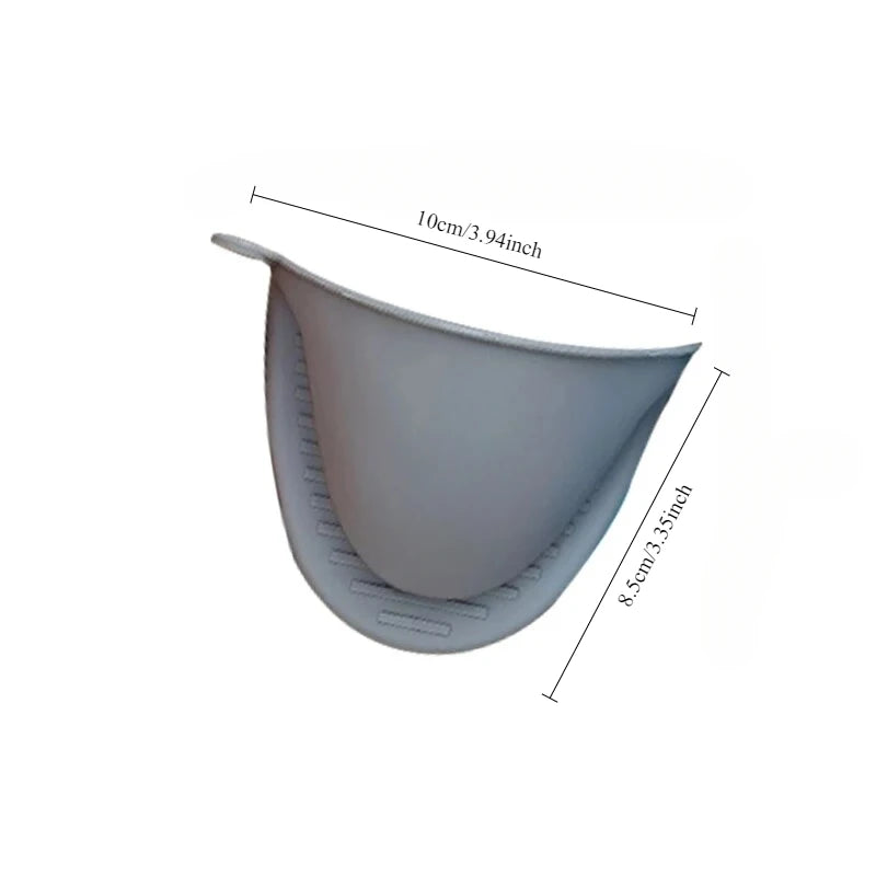 A silicone oven mitt is shown from the side, highlighting its curved shape and dimensions.