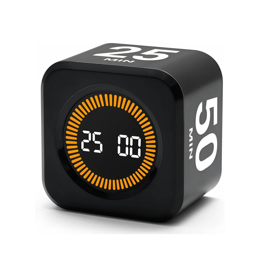A black digital kitchen and study timer with an orange illuminated circular display showing 25:00.