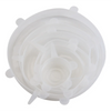 A clear reusable silicone food lids set with multiple circular lids stacked on a white background.