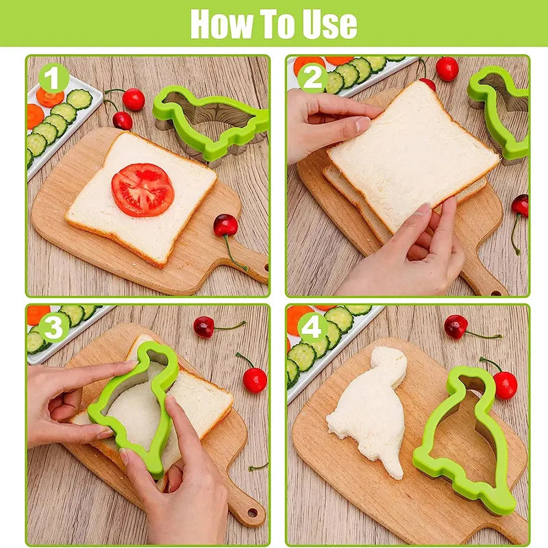 Four steps showing how to use stainless steel sandwich cutters to make creative meals