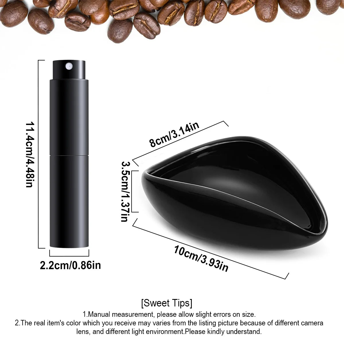 Black ceramic coffee dosing and spray kit with a cylindrical body and a wide, oval-shaped dispensing head