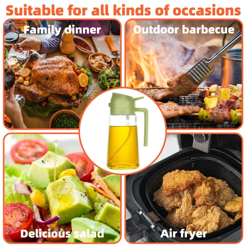 A glass oil spray bottle is shown next to food preparation scenes including a family dinner, outdoor barbecue, and air fryer 