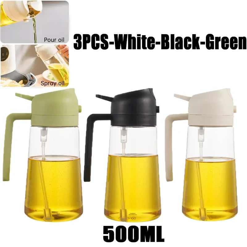 Three 500ml white black and green oil spray bottles for cooking