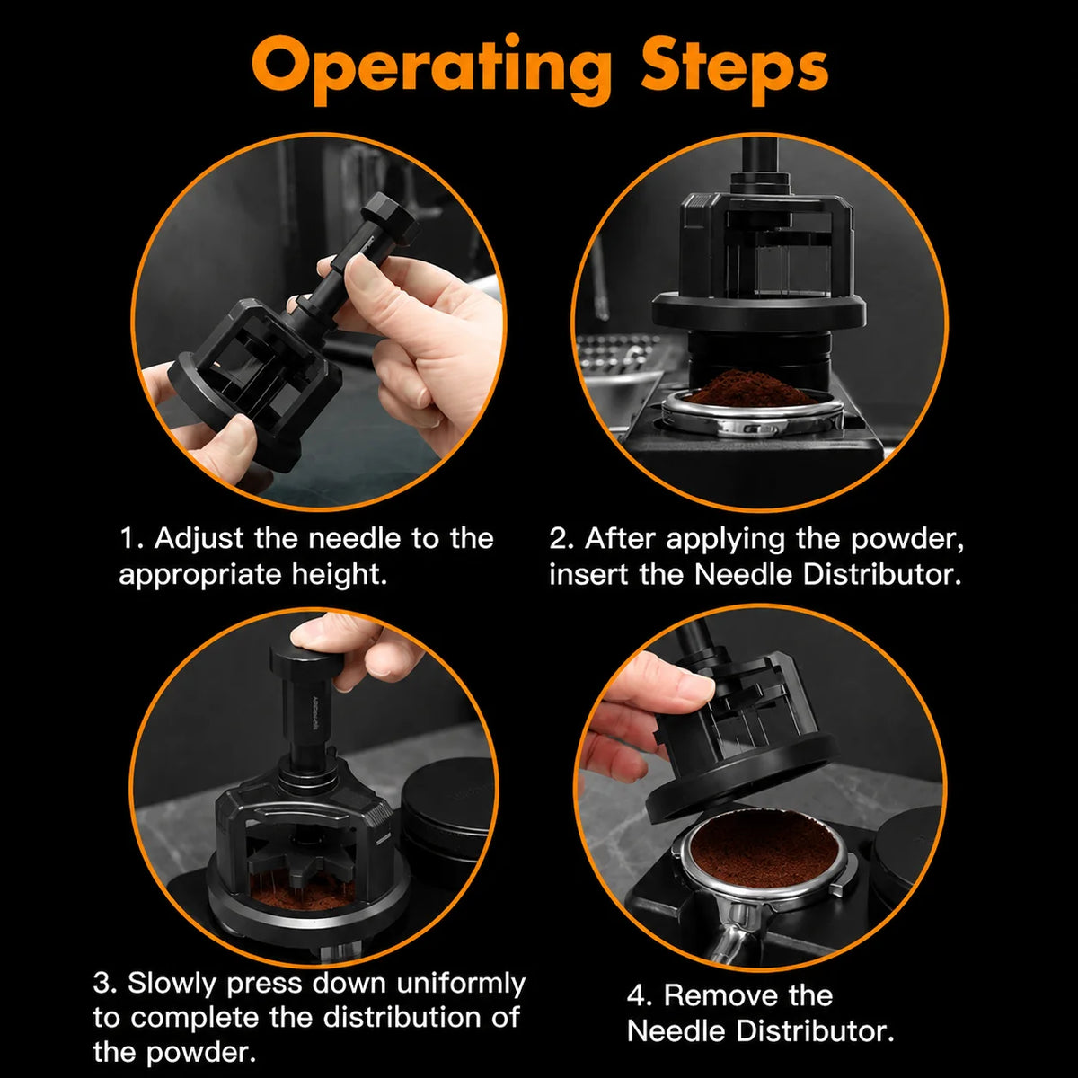 Operating steps for a Universal Espresso Stirrer Needle Distributor showing adjustment, powder application, pressing, and rem