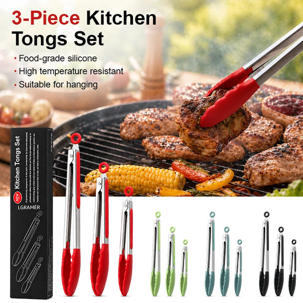 A set of three red and green silicone kitchen tongs for grilling food on a BBQ.