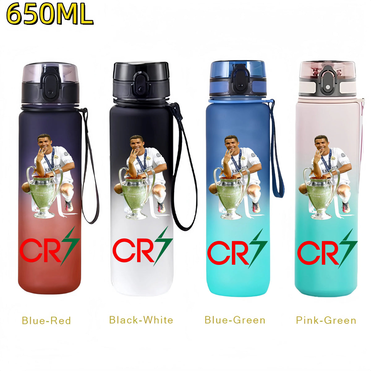 A set of five leak-proof sports water bottles in Blue-Red, Black-White, Blue-Green, and Pink-Green colors.