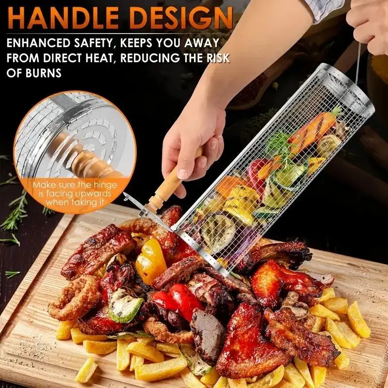A hand is opening a stainless steel rolling BBQ grill basket filled with grilled meats and vegetables.