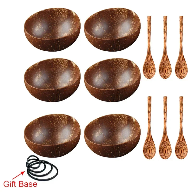 A set of natural coconut shell serving bowls and spoons with a gift base