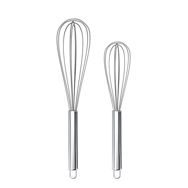 A pair of stainless steel balloon whisks for eggs, cream, and milk.