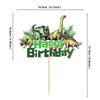 A set of dinosaur-themed birthday cake toppers featuring various dinosaurs like a long-necked sauropod and a smaller carnivor