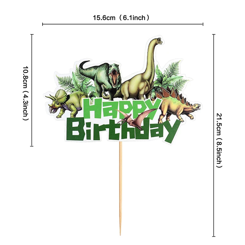 A set of dinosaur-themed birthday cake toppers featuring various dinosaurs like a long-necked sauropod and a smaller carnivor