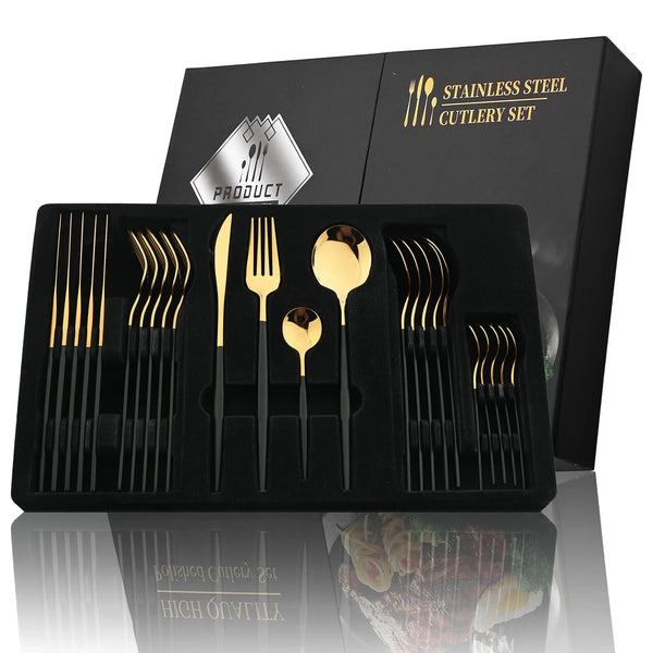 Schwarze Box mit Edelstahlbesteck, verschiedenen Gabeln und Kniven.
