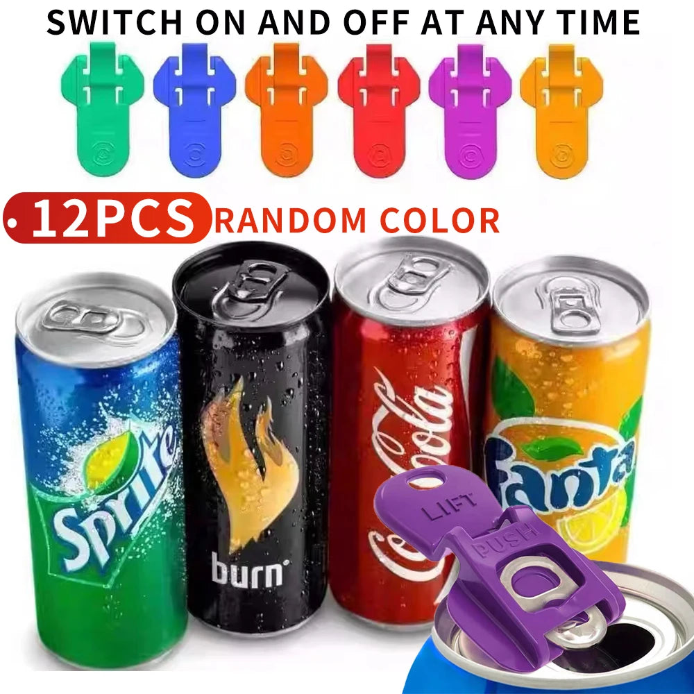 A set of multi-color beverage can openers and protective lids shown with various colors like green, blue, orange, and pink.