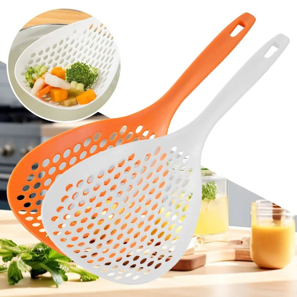 Orange and white kitchen strainer and skimmer set with a perforated silicone mesh