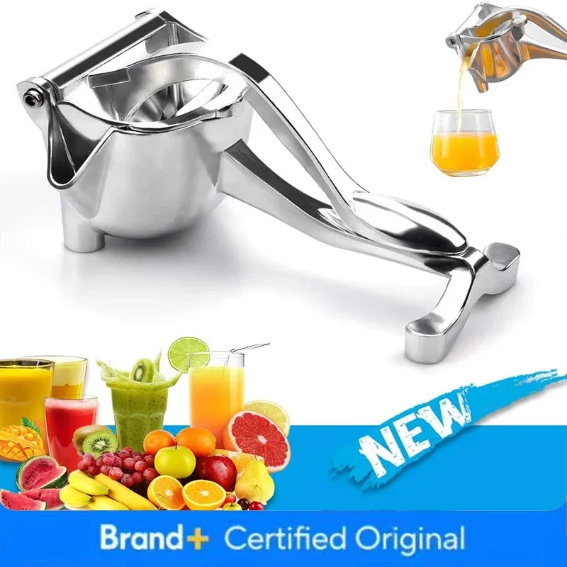 A silver manual citrus juice squeezer is shown with various fruits and vegetables being squeezed into a glass.