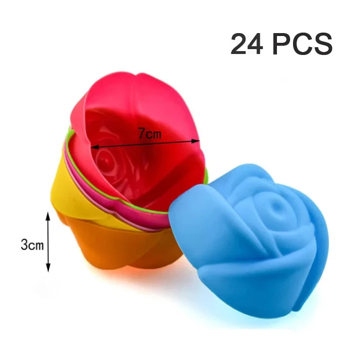 A set of 24 silicone muffin and cake baking molds in various bright colors like pink, orange, and blue.